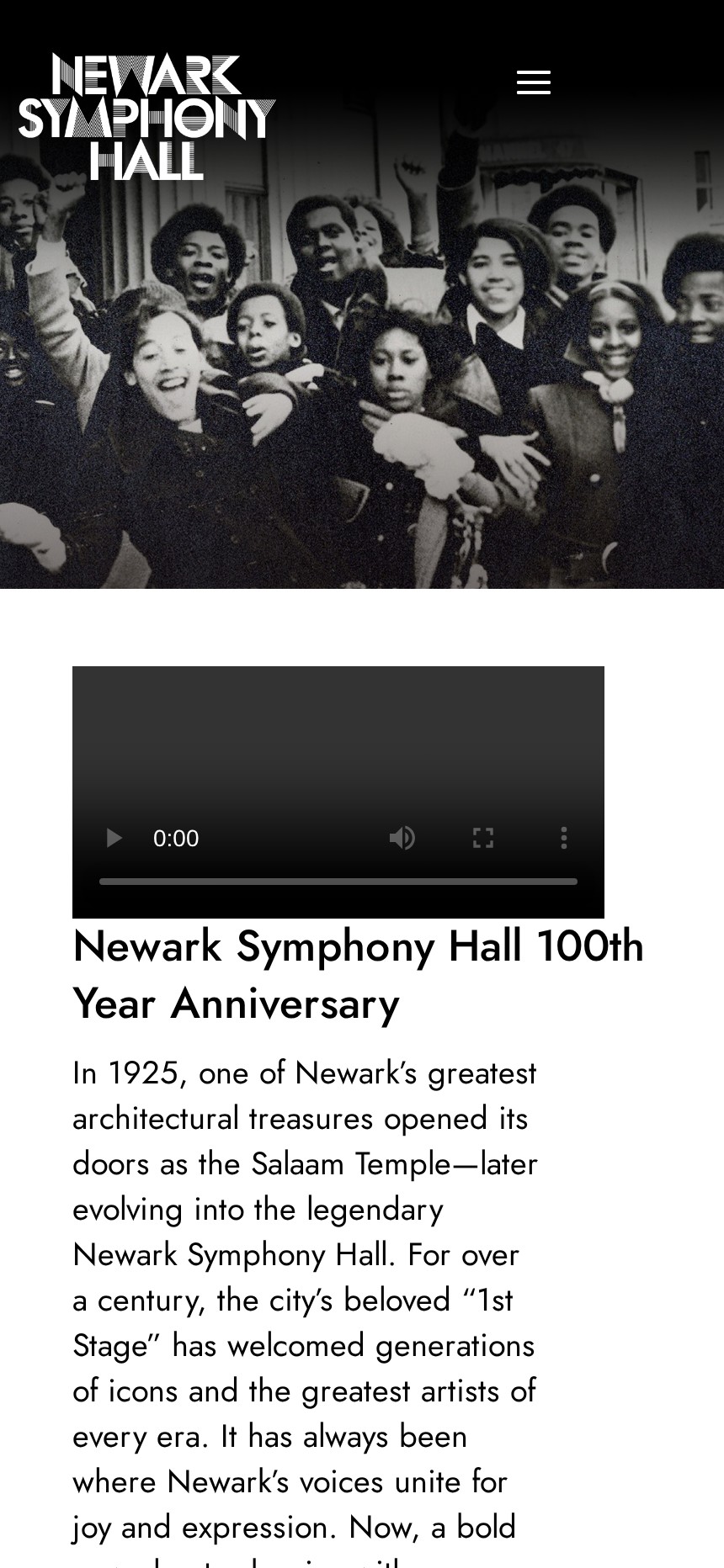 Newark Symphony Hall website on mobile